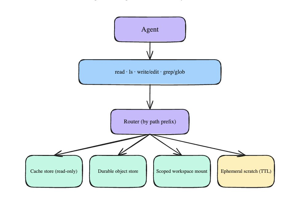agent → four fs tools → router by path prefix → cache store, durable object store, scoped workspace mount, ephemeral scratch